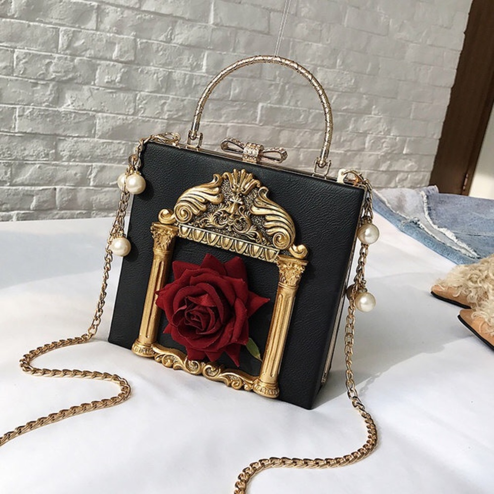 Chic  Red Rose - Black Clutch Purse